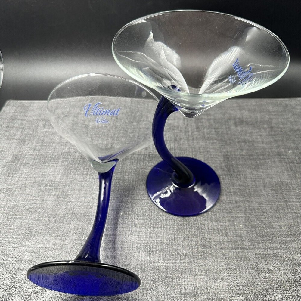 Ultimat Vodka Cobalt Blue Curved Stem Martini Glasses Barware Rare Bar Decor